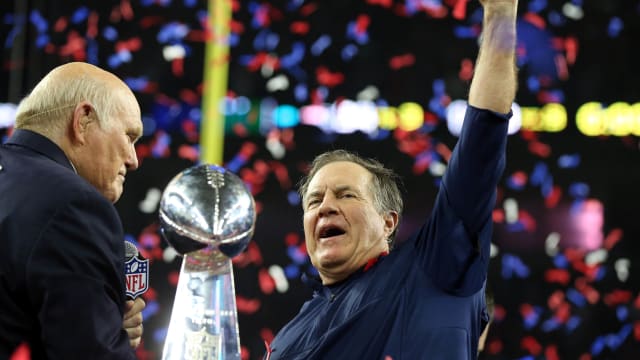 Feb 5, 2017; Houston, TX, USA; New England Patriots head coach Bill Belichick celebrates with the Vince Lombardi Trophy after beating the Atlanta Falcons during Super Bowl LI at NRG Stadium.
